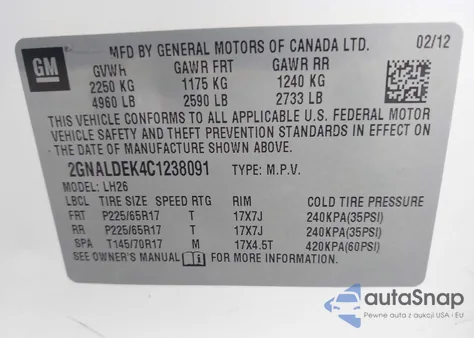 2012 Chevrolet Equinox 1Lt из США, поврежденный, VIN 2GNALDEK4C1238091